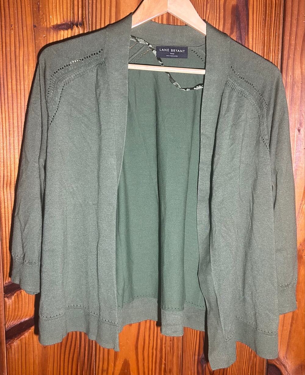 Lane Bryant Open Front Cardigan Army Green Eyelet Design Boho Chic Size 18/20